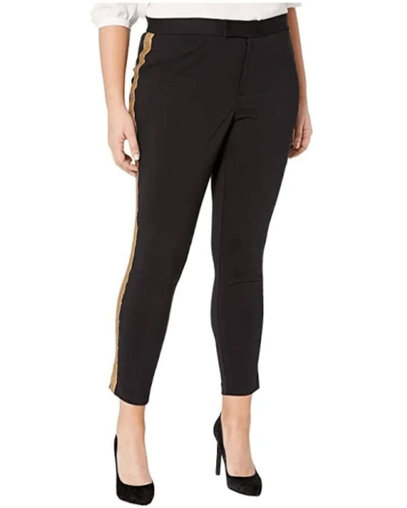 Front of a model wearing a size 3X Ralph Lauren Women's Metallic-Trim Ponte Pants Casual Pants Black 3X in Black by Ralph Lauren. | dia_product_style_image_id:314734